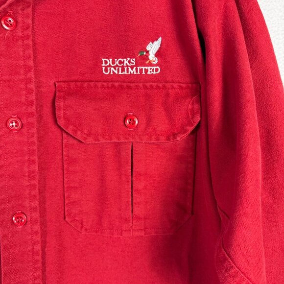 Cabelas Ducks Unlimited Red Denim Shirt Mens L Distressed Button Up Long Sleeve - Picture 14 of 14
